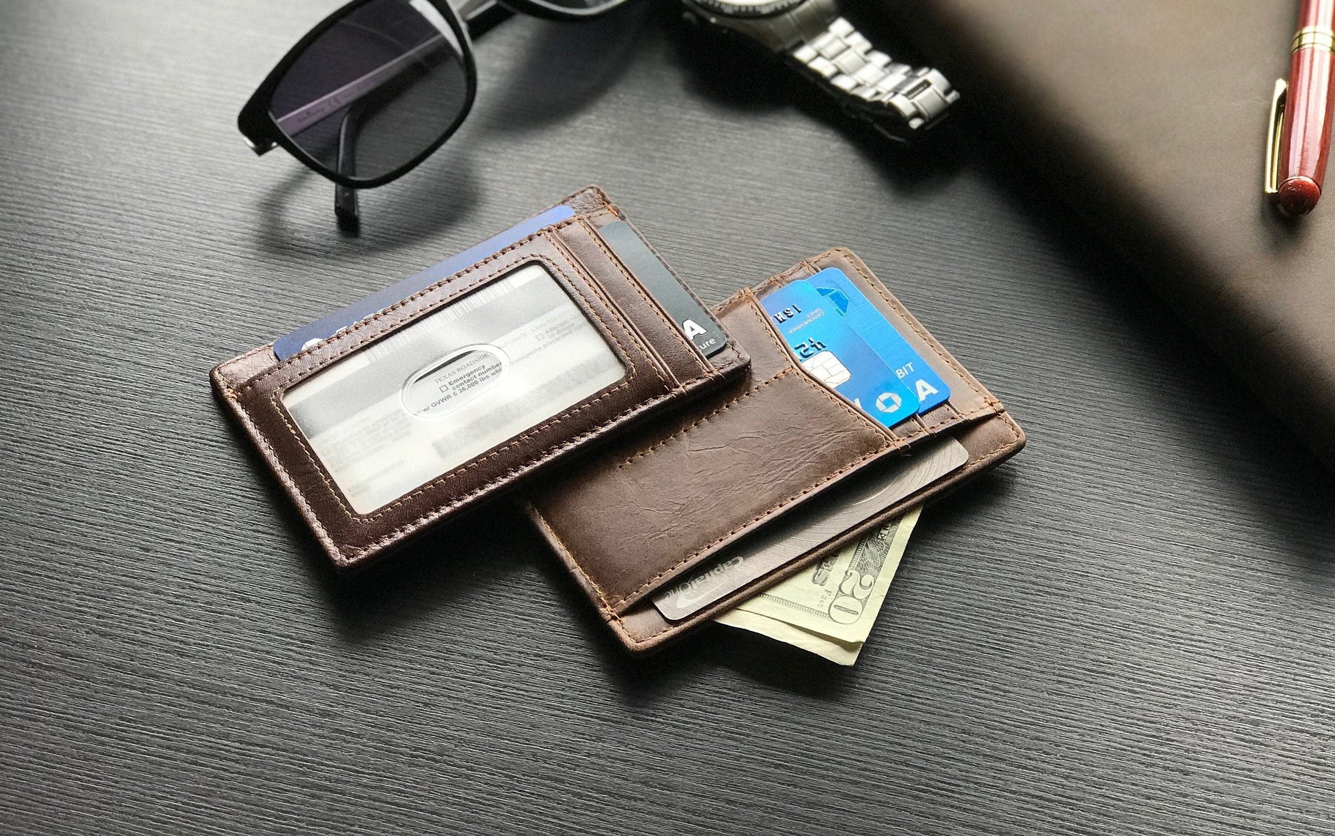 Personalized Slim Leather Wallet Men Women, Minimalist Wallet Card Holder, Id Holder, Groomsmen Gift, Valentines Day Gift, Boyfriend Gift