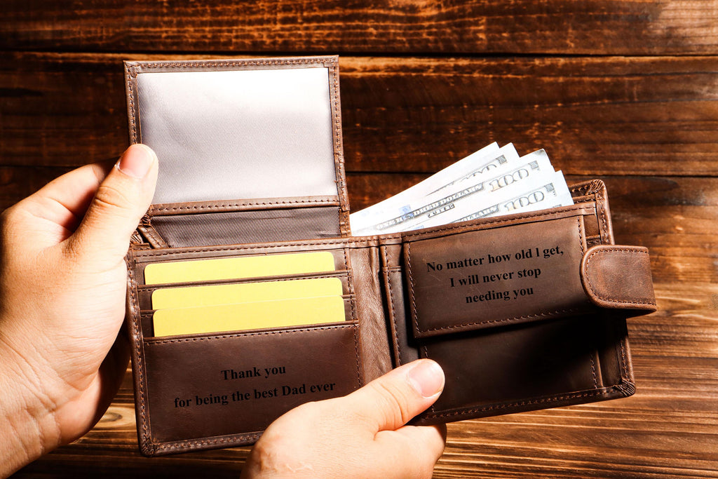 Personalised Dark Brown Leather Wallet — Engraved Men's Bifold Wallet