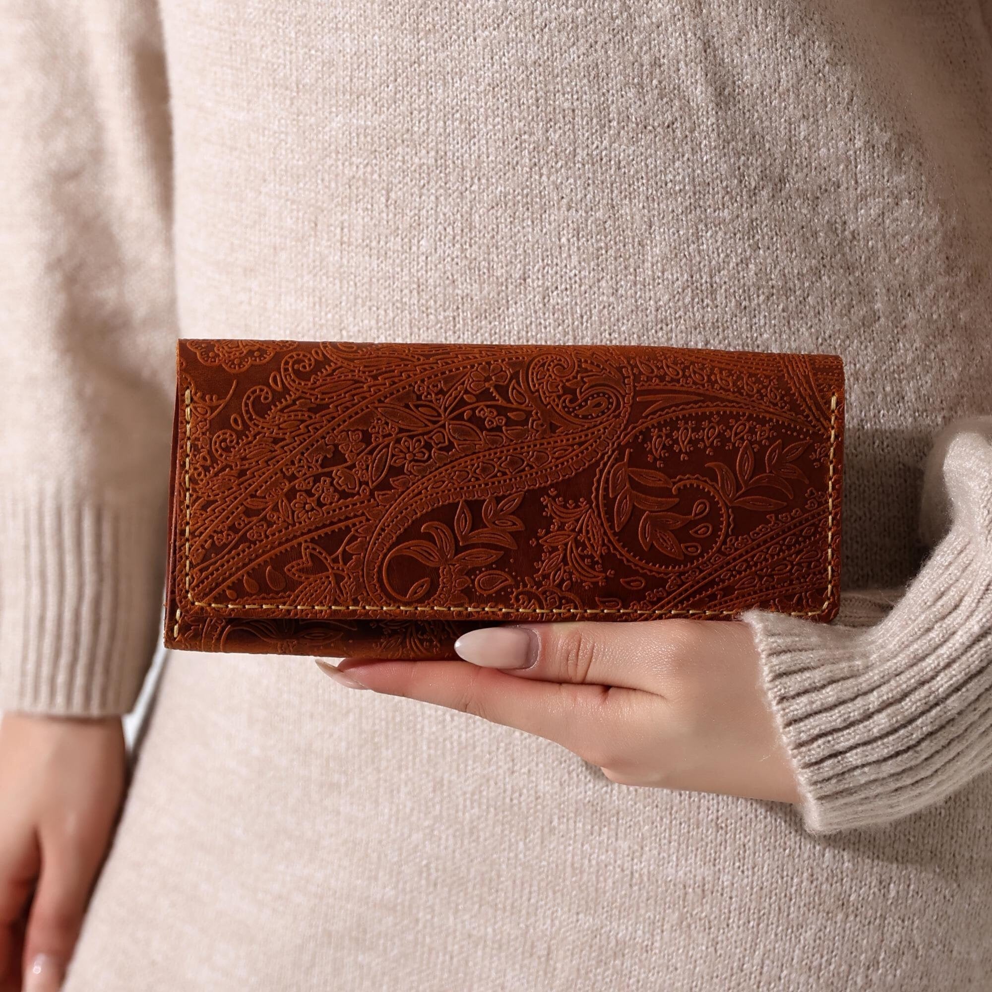 Handcrafted Leather Bifold Wallet: Floral Embossed Phone Clutch