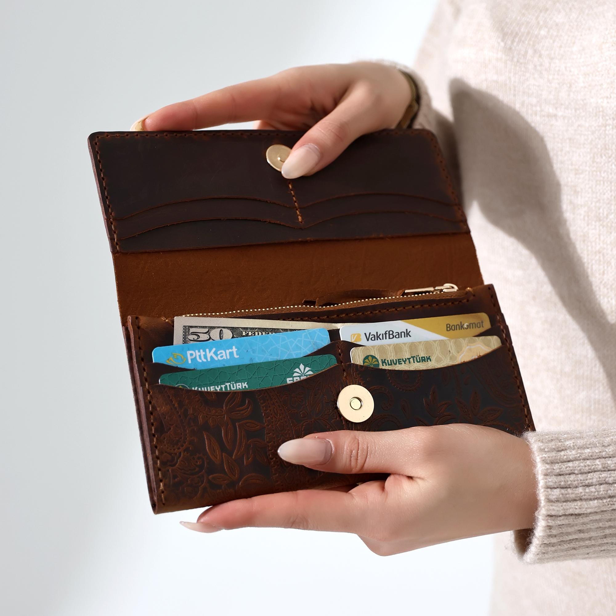 Handcrafted Leather Bifold Wallet: Floral Embossed Phone Clutch