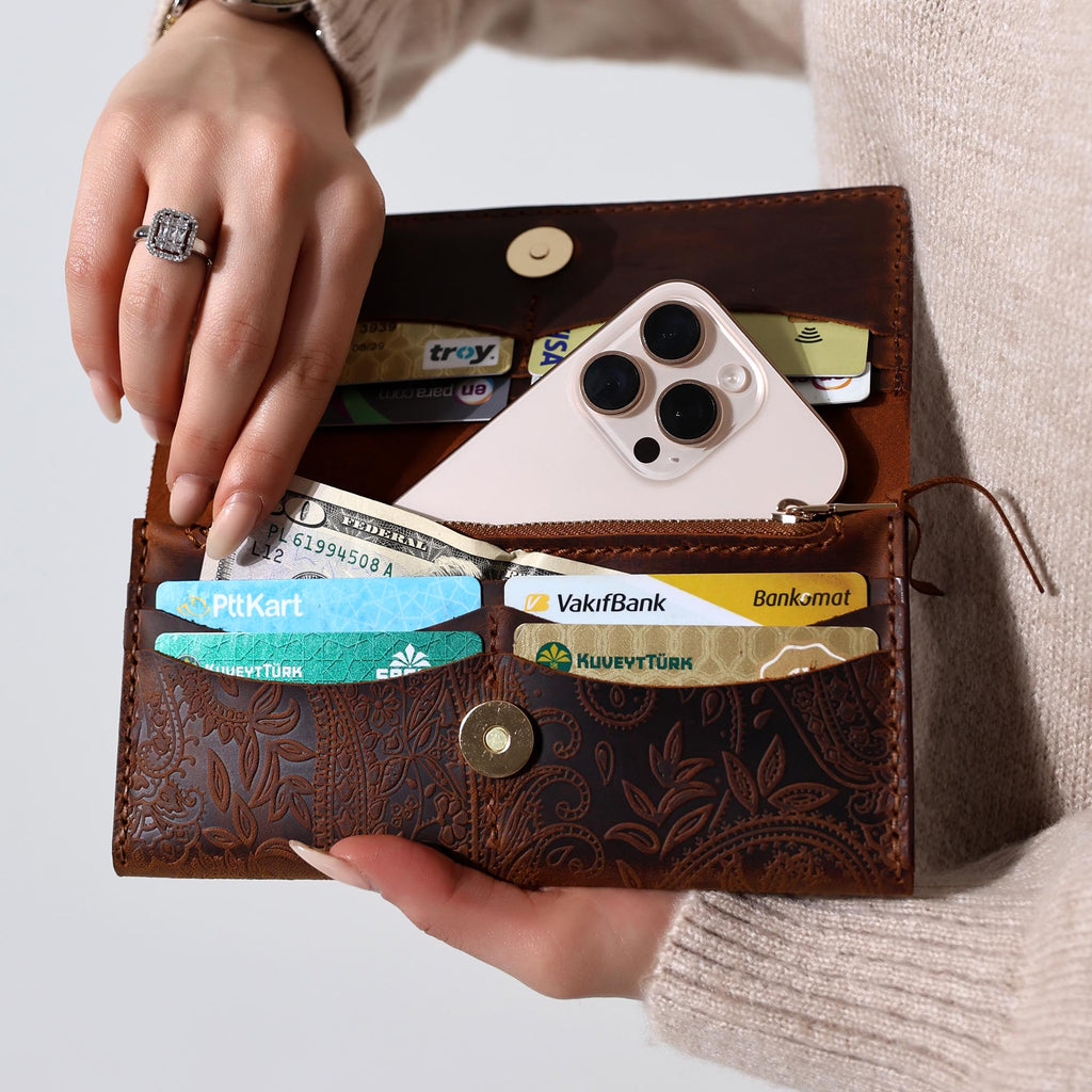 Handcrafted Leather Bifold Wallet: Floral Embossed Phone Clutch