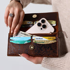 Handcrafted Leather Bifold Wallet: Floral Embossed Phone Clutch