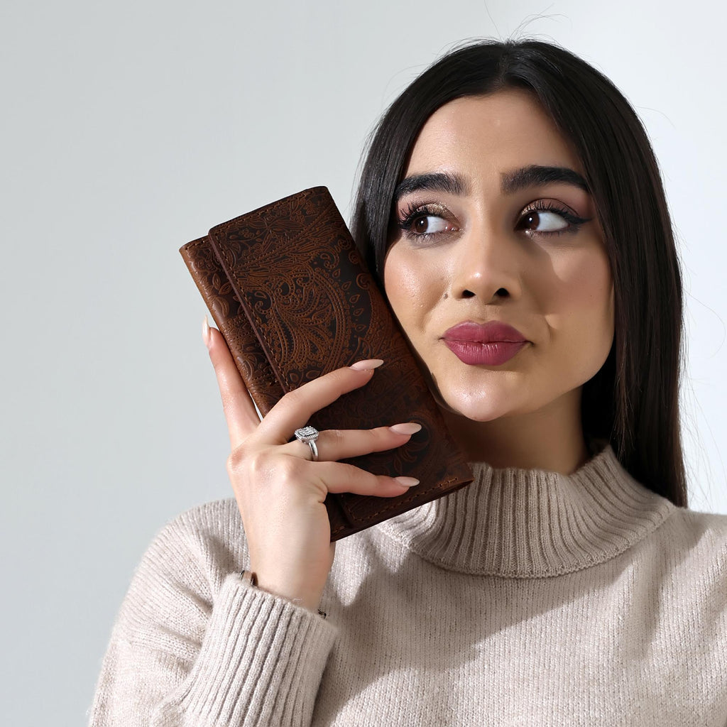 Handcrafted Leather Bifold Wallet: Floral Embossed Phone Clutch