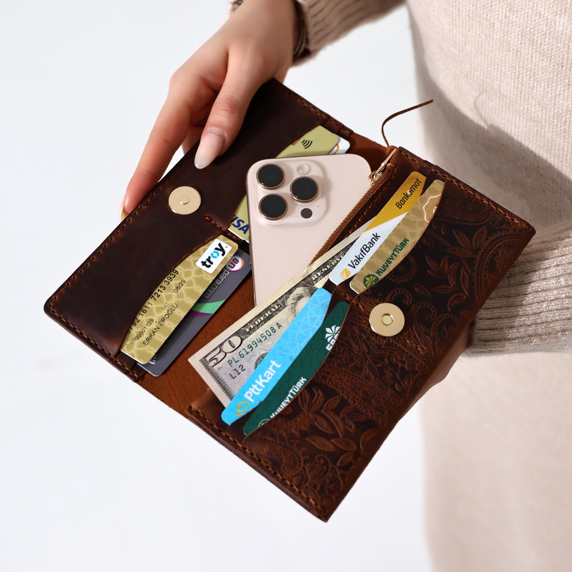 Handcrafted Leather Bifold Wallet: Floral Embossed Phone Clutch