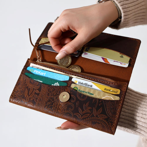 Handcrafted Leather Bifold Wallet: Floral Embossed Phone Clutch