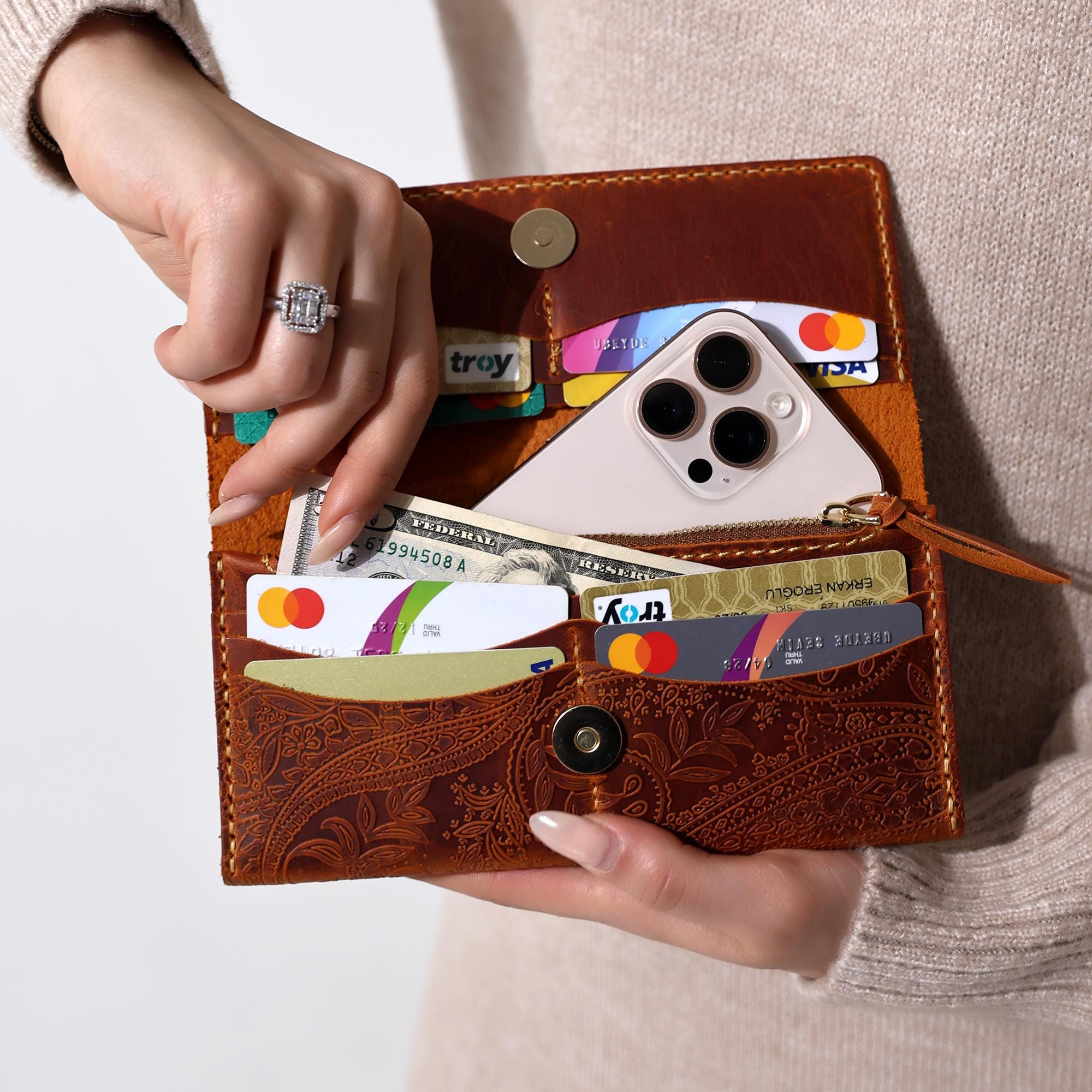 Handcrafted Leather Bifold Wallet: Floral Embossed Phone Clutch