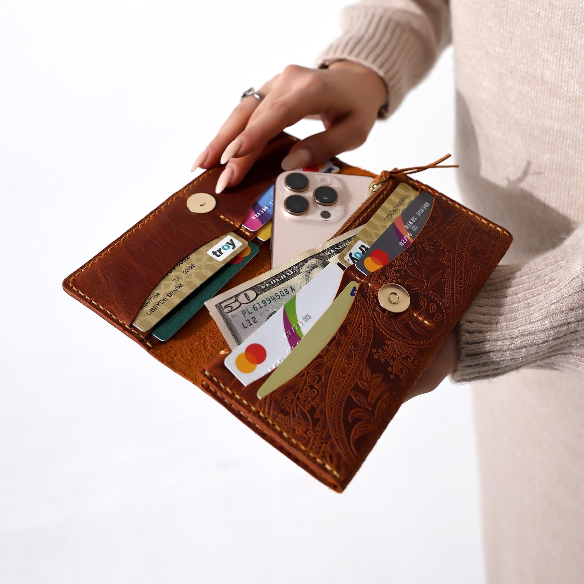 Handcrafted Leather Bifold Wallet: Floral Embossed Phone Clutch