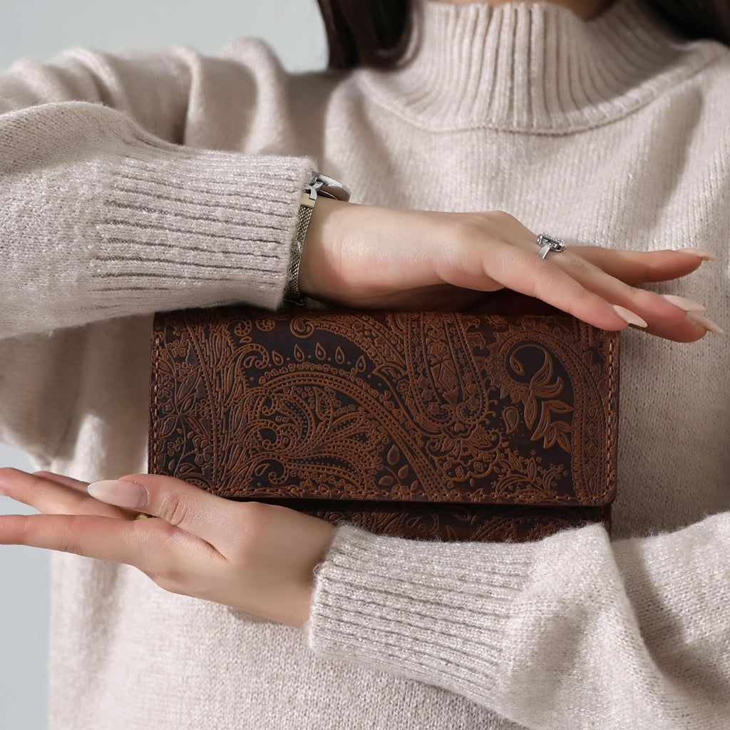 Handcrafted Leather Bifold Wallet: Floral Embossed Phone Clutch