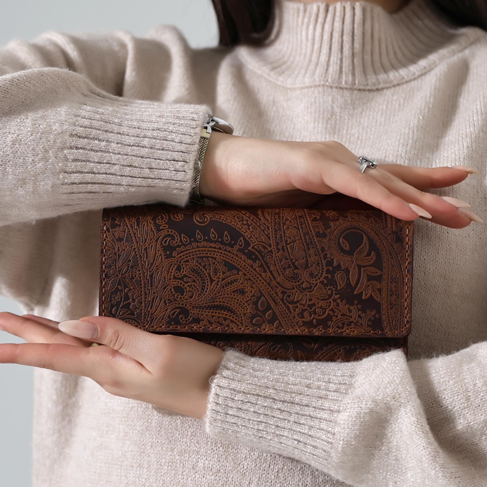 Handcrafted Leather Bifold Wallet: Floral Embossed Phone Clutch