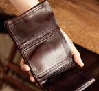 Handmade Full-grain Vegetable-tanned Leather, Heavy Washed Retro Tri-fold Wallet & Card Holder – Short Foldable Genuine Leather Wallet
