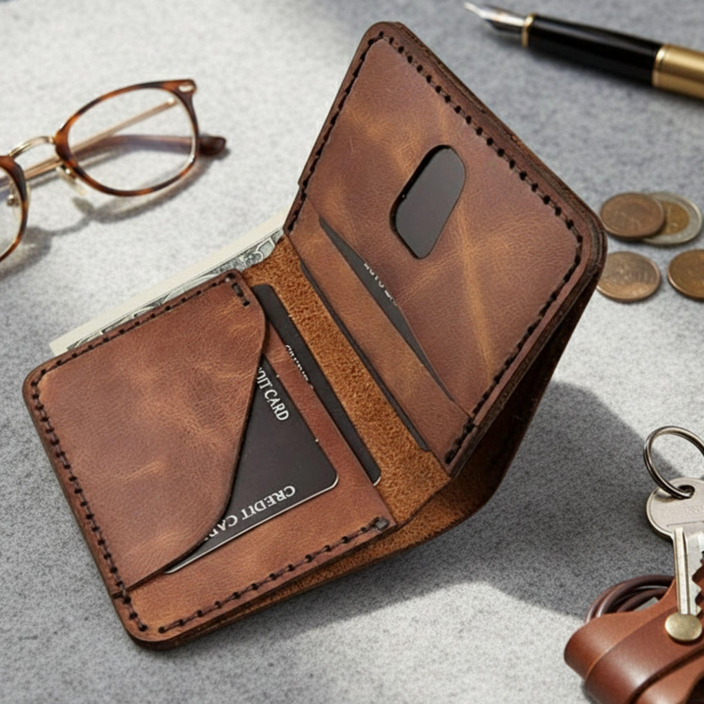 Handmade Leather Mens Wallet Slim Vertical Minimalist Bifold