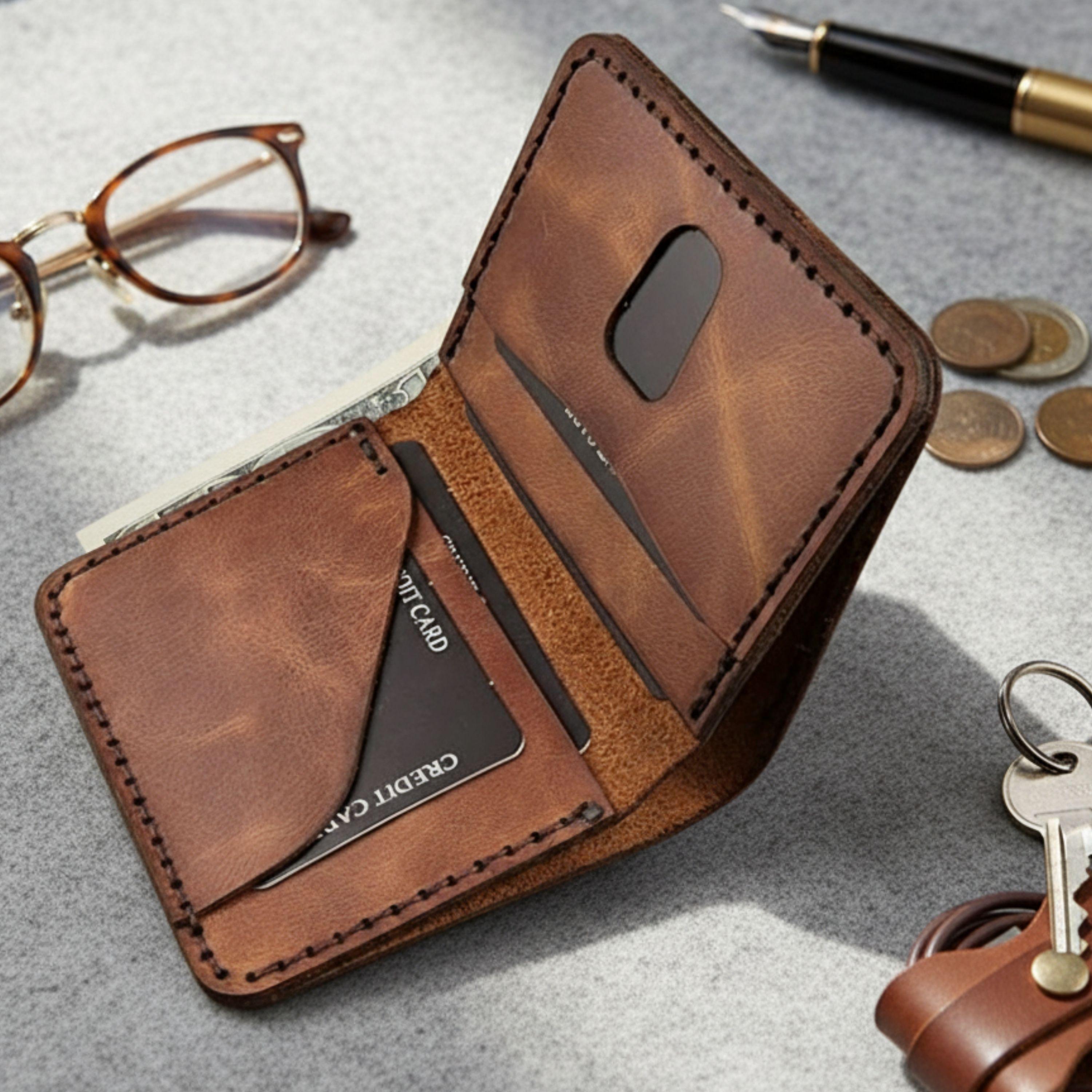 Handmade Leather Mens Wallet Slim Vertical Minimalist Bifold