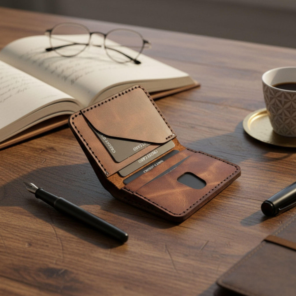 Handmade Leather Mens Wallet Slim Vertical Minimalist Bifold