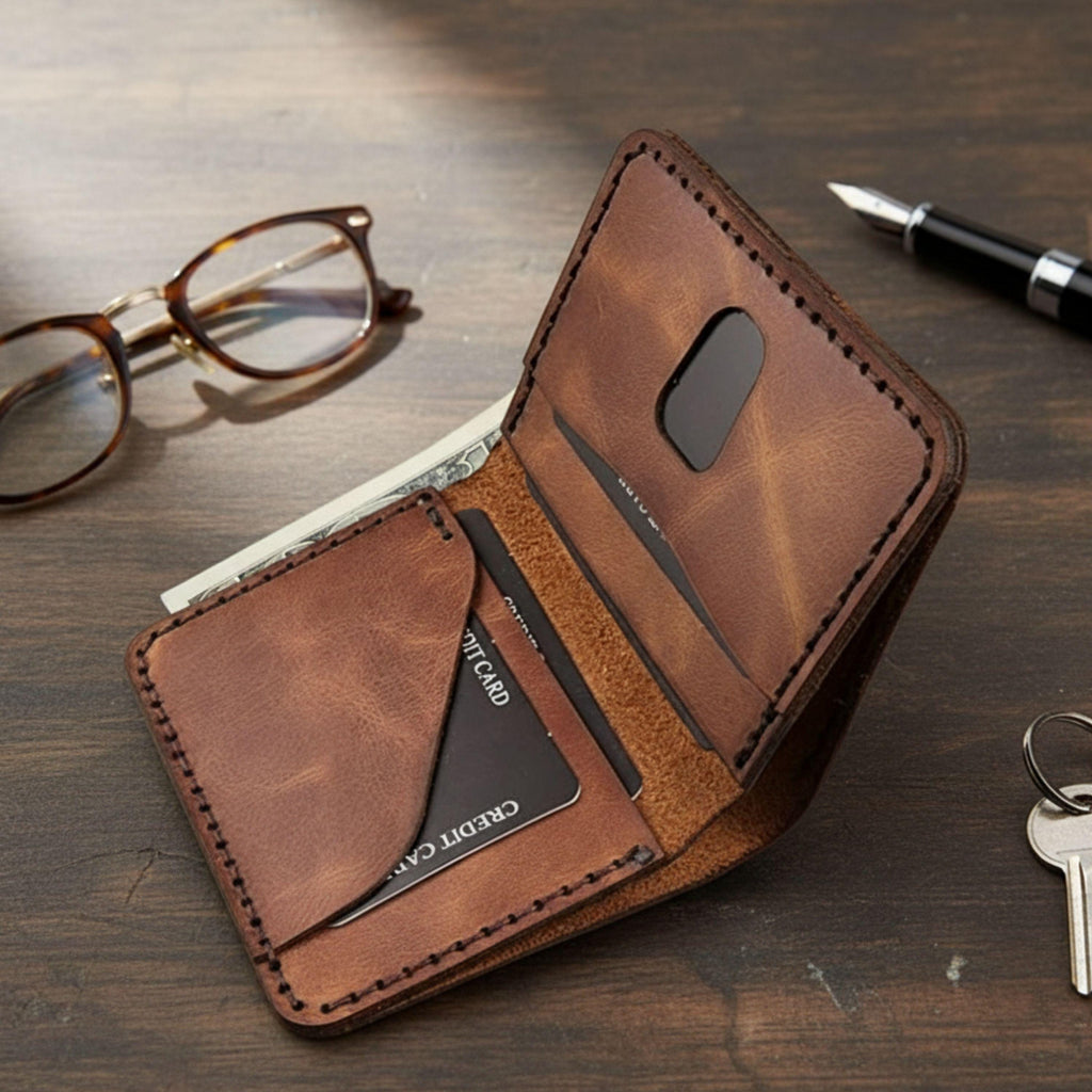 Handmade Leather Mens Wallet Slim Vertical Minimalist Bifold