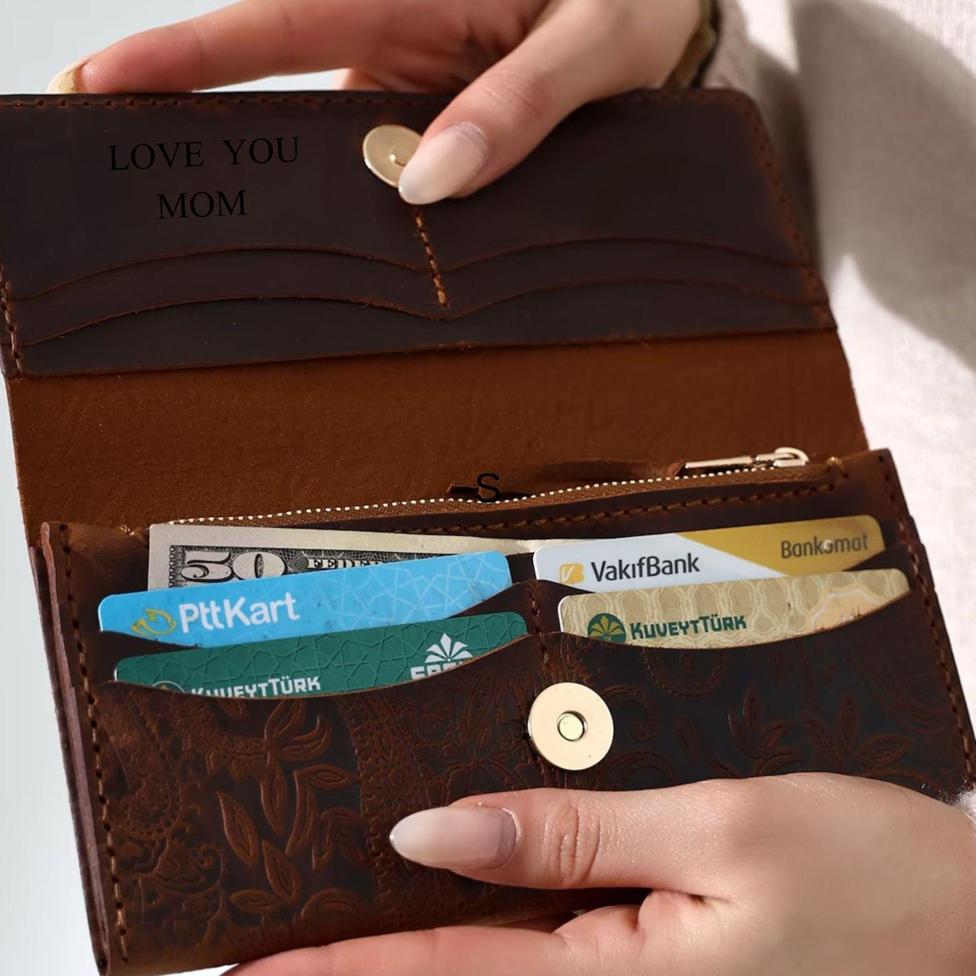 Handcrafted Leather Bifold Wallet: Floral Embossed Phone Clutch