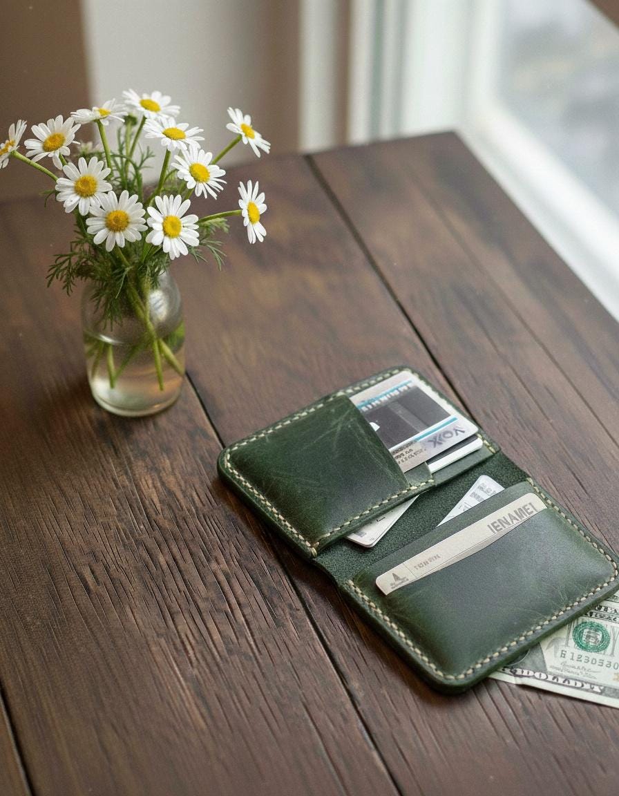 Handmade Leather Bifold Wallet: Personalized Front Pocket Card Holder